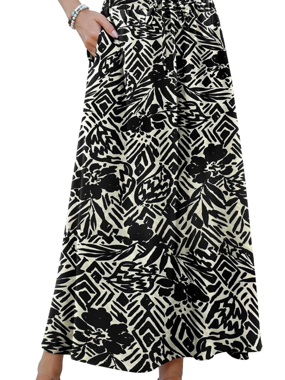 Black & Cream Floral-Geometric Maxi Skirt with Elastic Waist